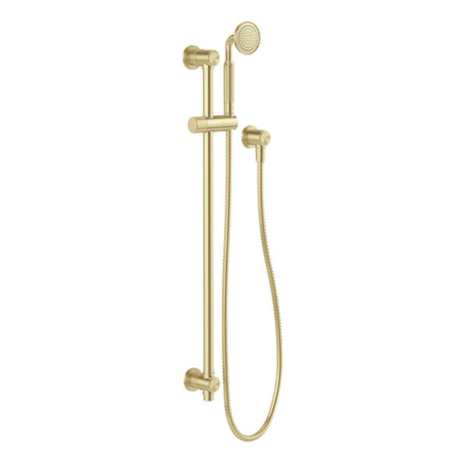Phoenix Wiltern rail shower in brushed gold with round handpiece, rail and flexible hose on white background
