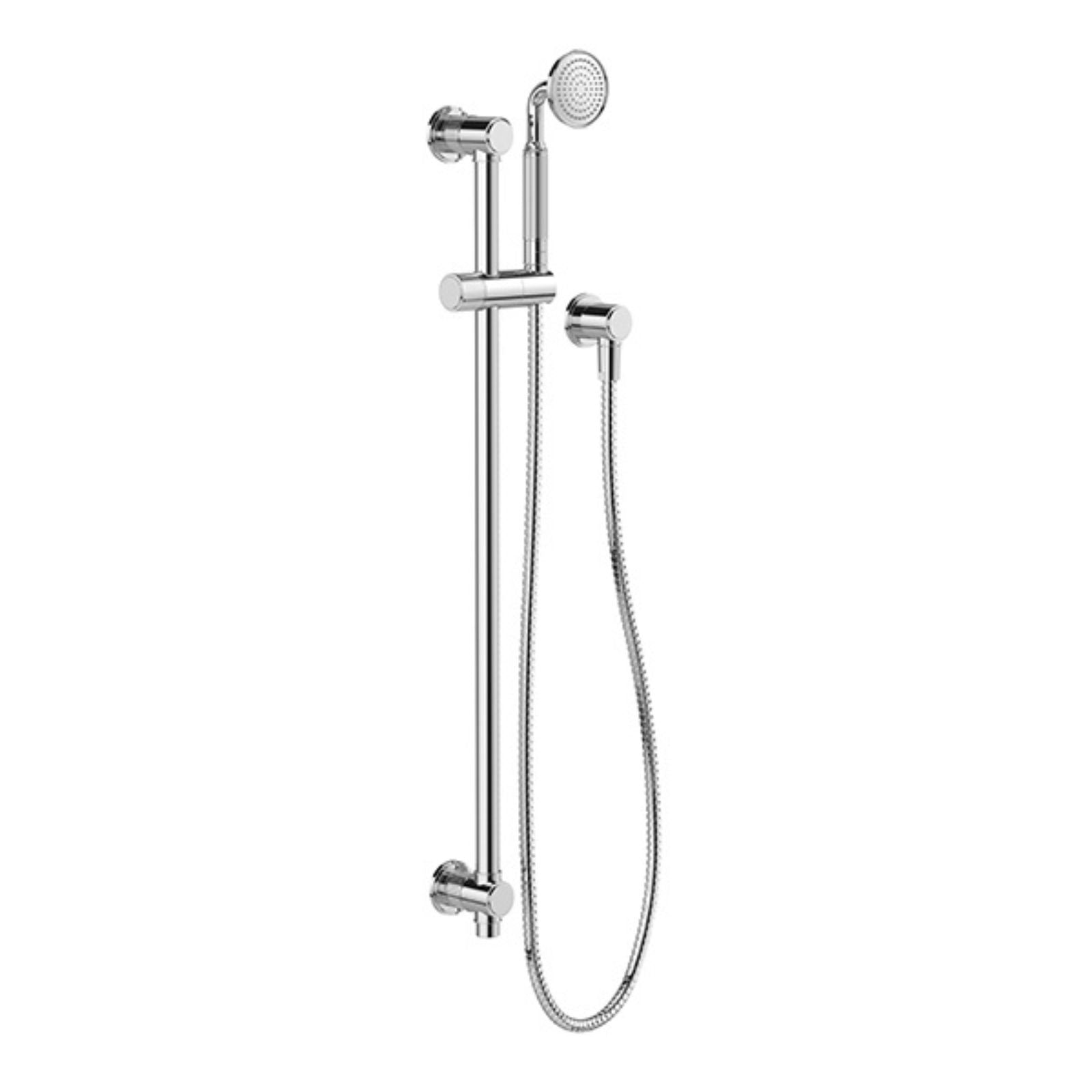 Phoenix Wiltern rail shower in chrome, with round handpiece, wall rail and flexible hose on white background