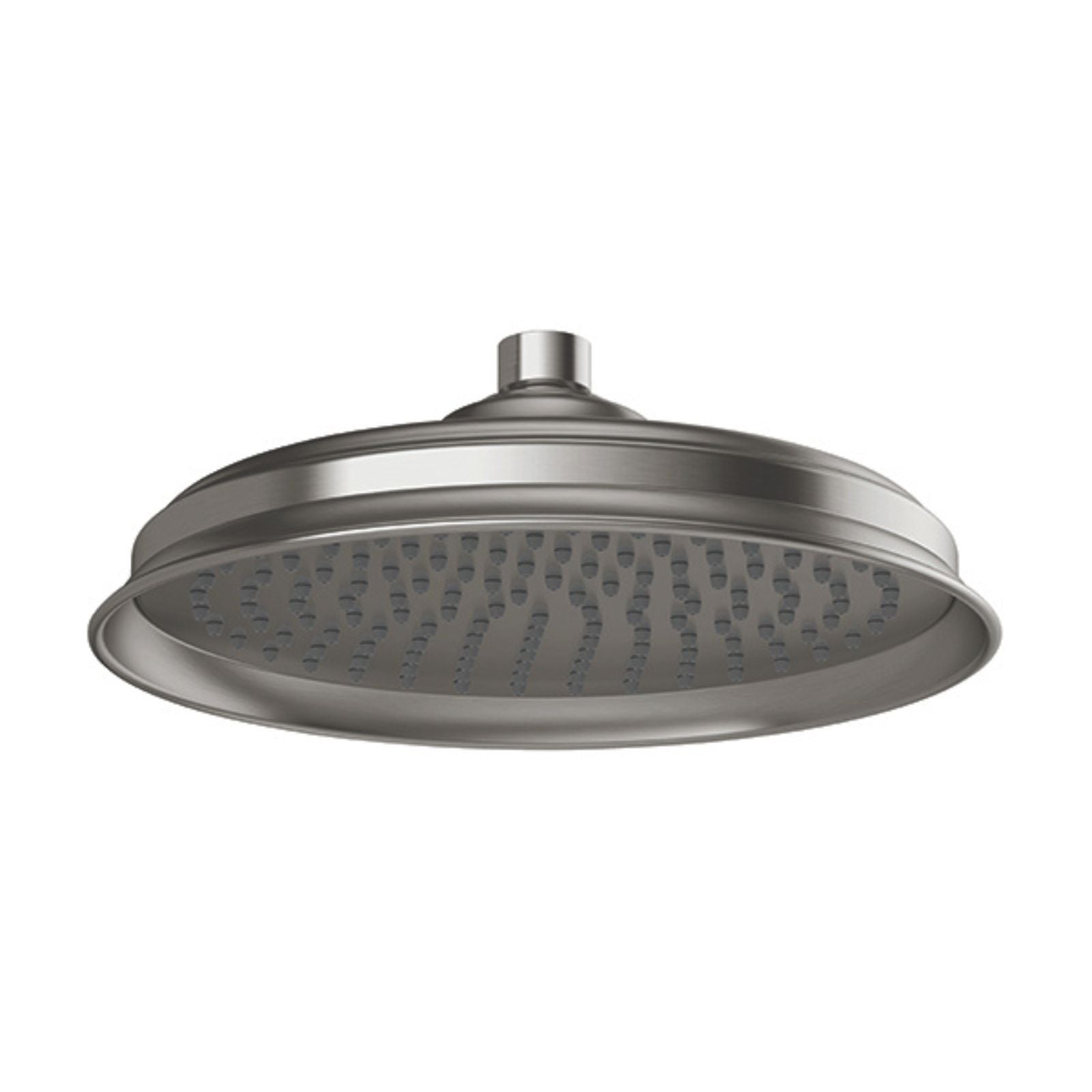 Phoenix Wiltern brushed carbon round shower rose, front view, with fluted edge and single spray outlet in gunmetal finish