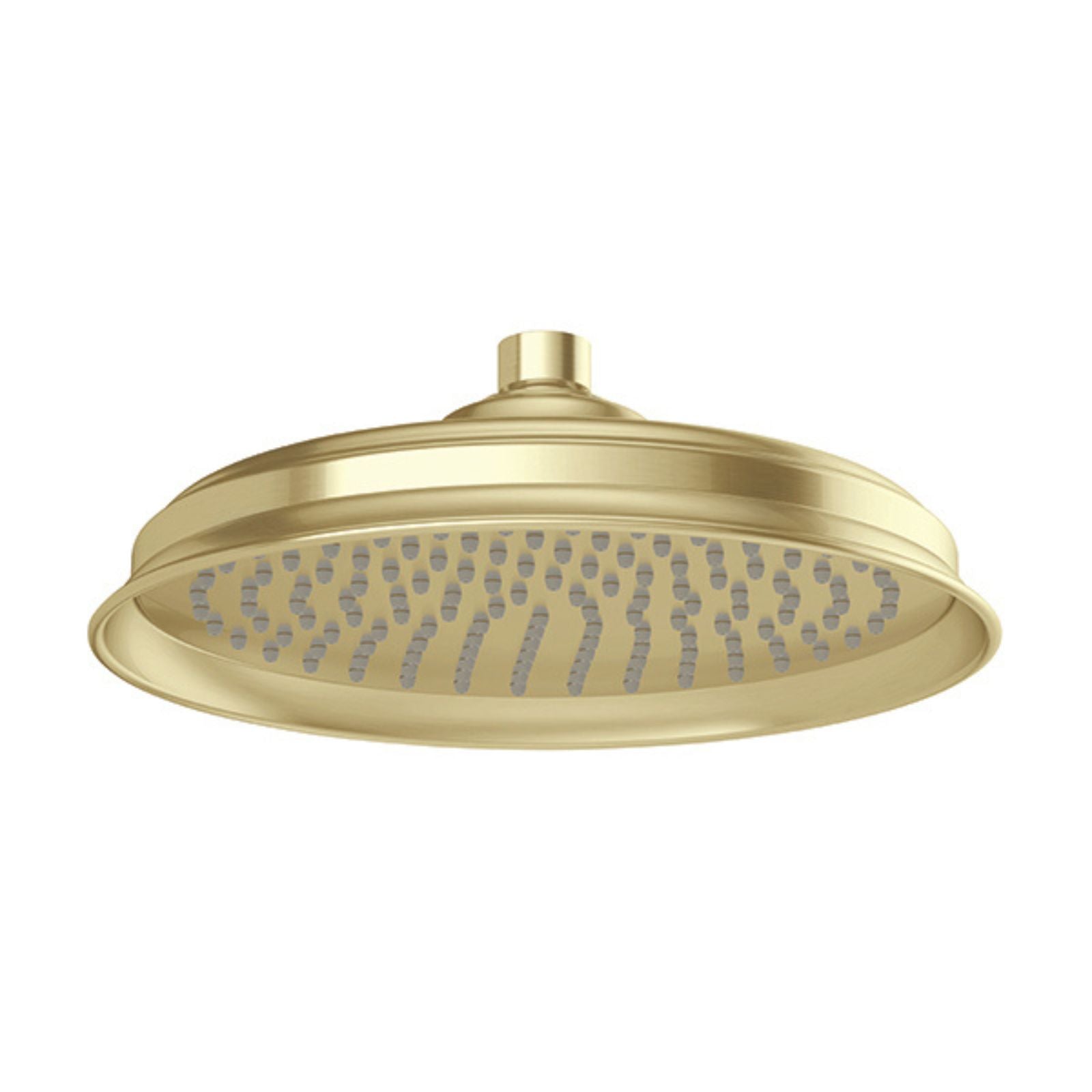 Phoenix Wiltern brushed gold round shower rose with fluted Art Deco detailing, front view on white background
