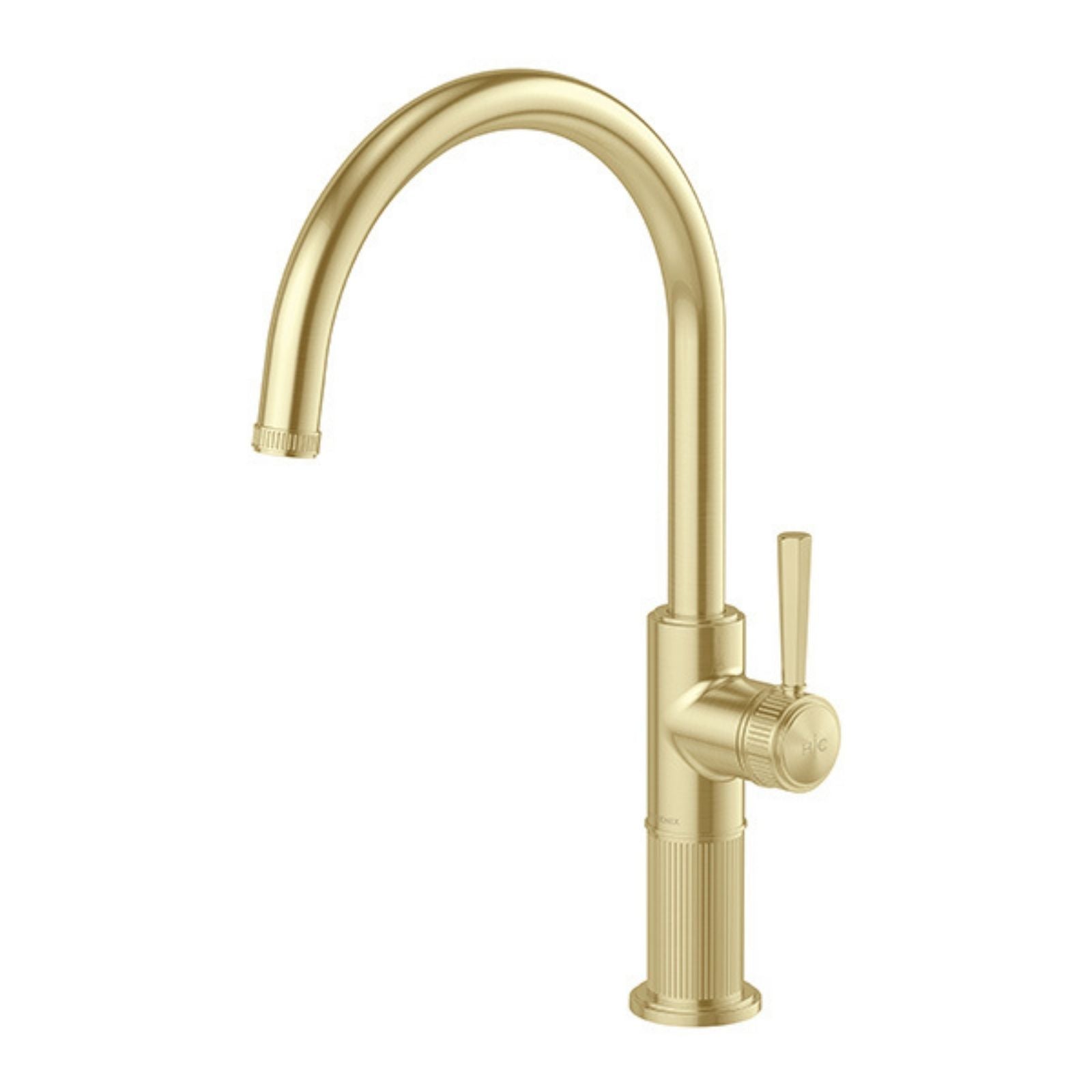Phoenix Wiltern sink mixer in brushed gold, with arched swivel spout and fluted base, front view on white background