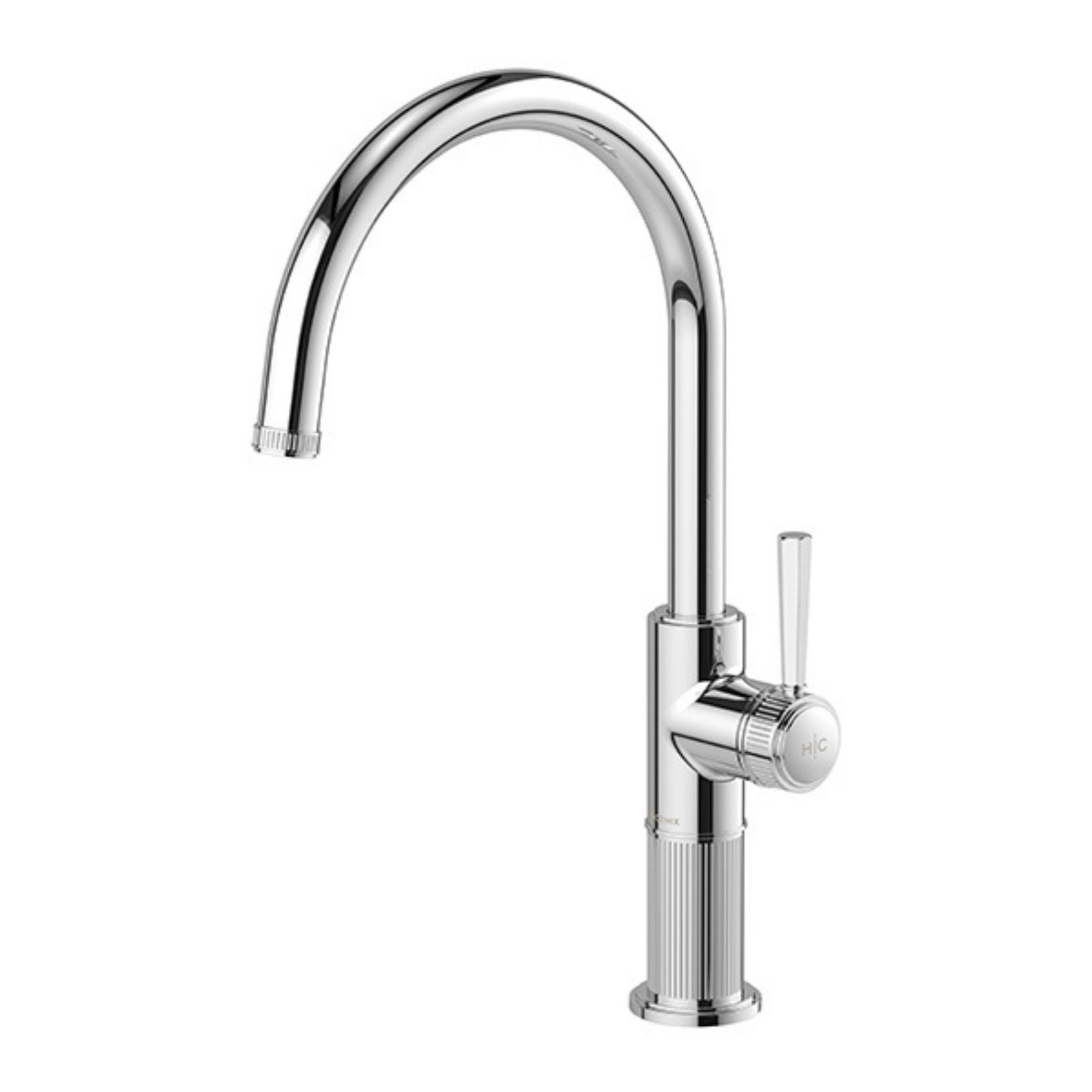 Phoenix Wiltern chrome sink mixer with arched swivel spout and fluted base, shown on white background