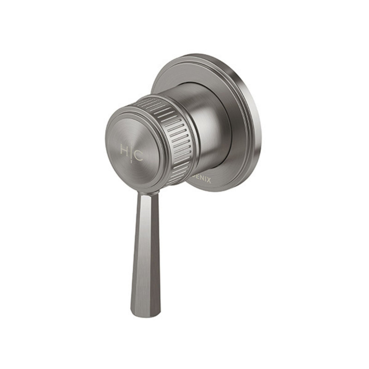 Phoenix Wiltern SwitchMix wall mixer in brushed carbon, with round fluted handle and lever on white background