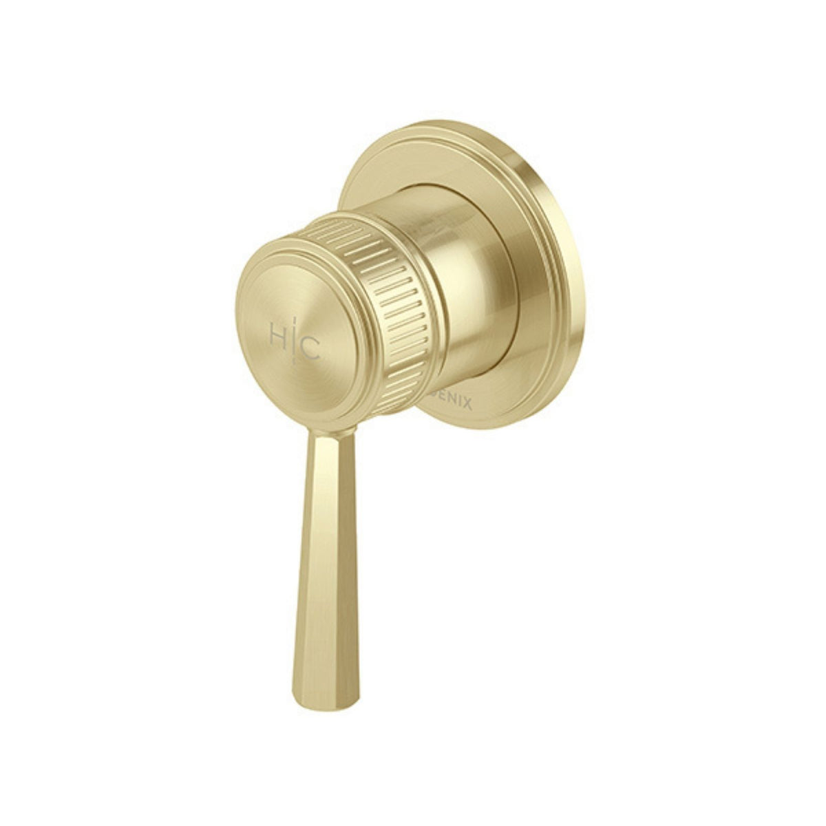 Phoenix Wiltern SwitchMix shower wall mixer in brushed gold, with fluted detail and long lever handle on round wall plate