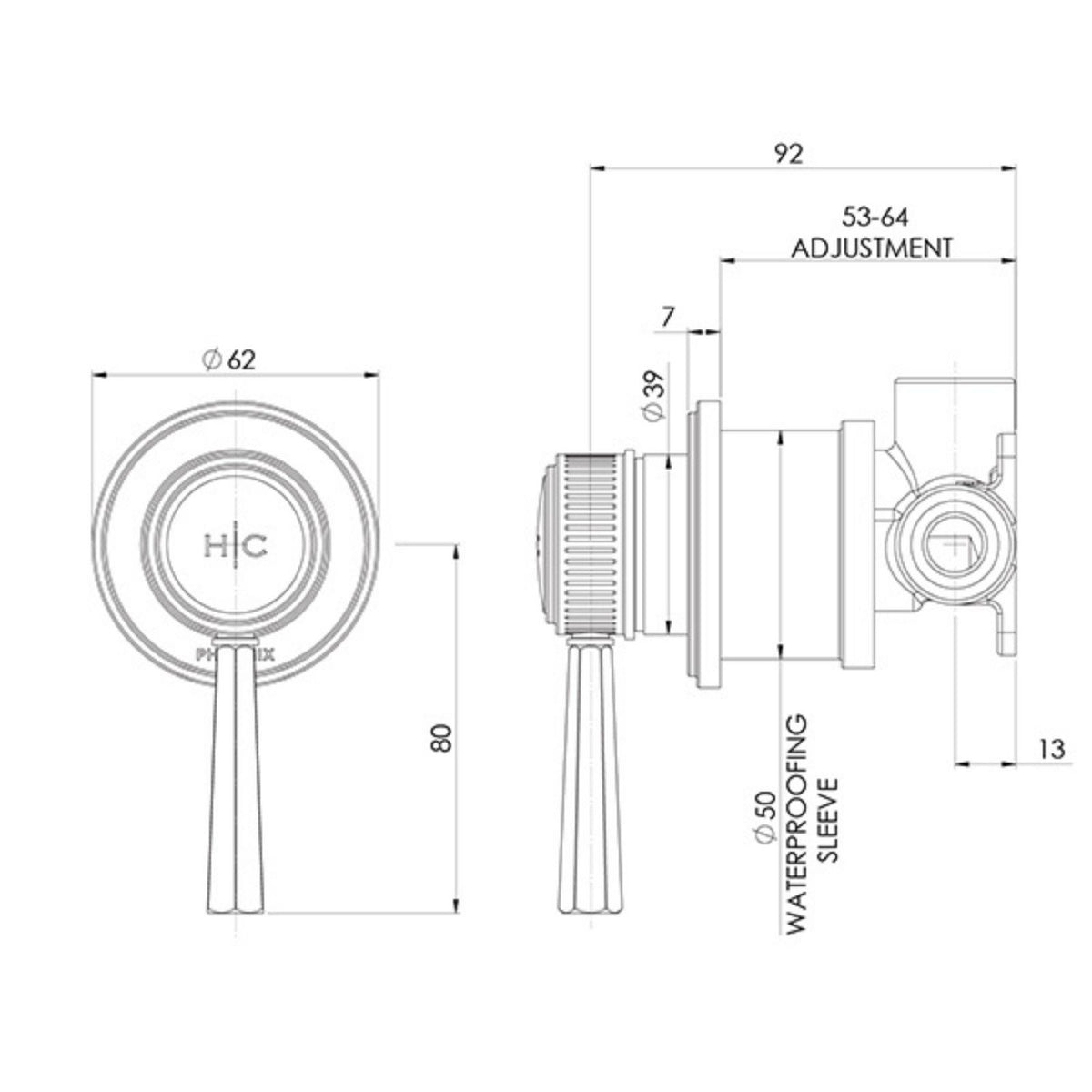 Phoenix Wiltern SwitchMix shower wall mixer technical drawing, round brushed nickel plate with faceted handle and dimensions shown
