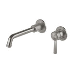 Phoenix Wiltern wall basin/bath mixer set in brushed carbon, with fluted round plates and lever handle, wall mounted set in side view