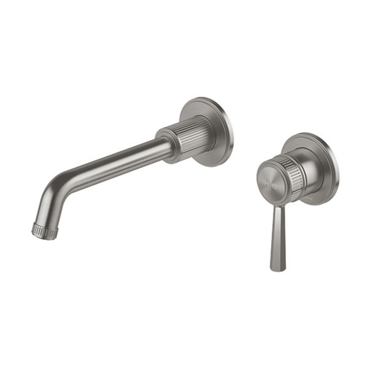 Phoenix Wiltern wall basin/bath mixer set in brushed carbon, with fluted round plates and lever handle, wall mounted set in side view
