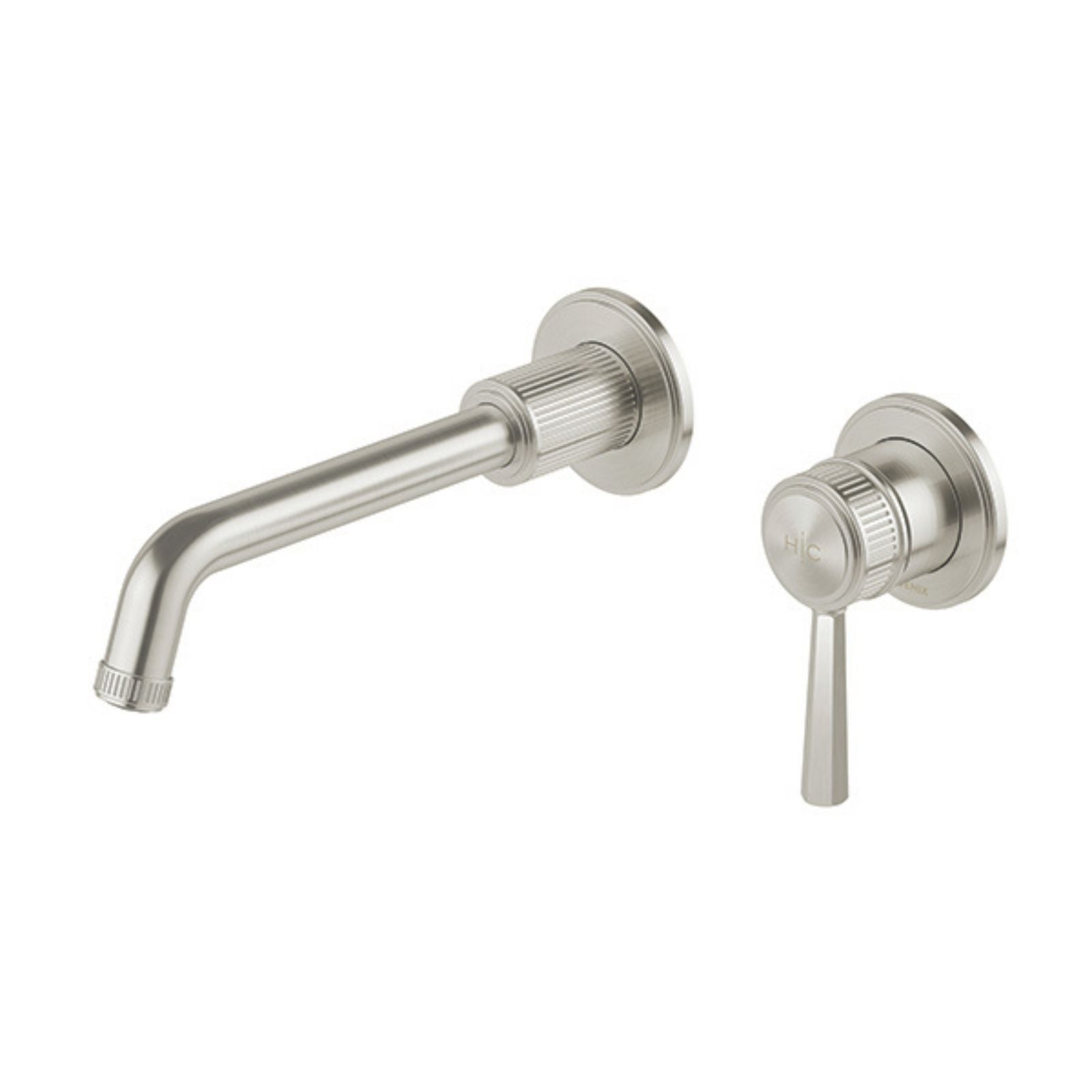 Phoenix Wiltern SwitchMix wall basin/bath mixer set in brushed nickel, with fluted round wall plates and spout reach control
