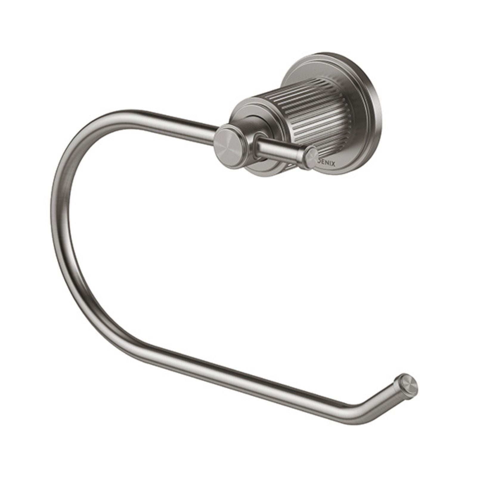 Phoenix Wiltern toilet roll holder in brushed carbon, wall-mounted with fluted round backplate and curved arm