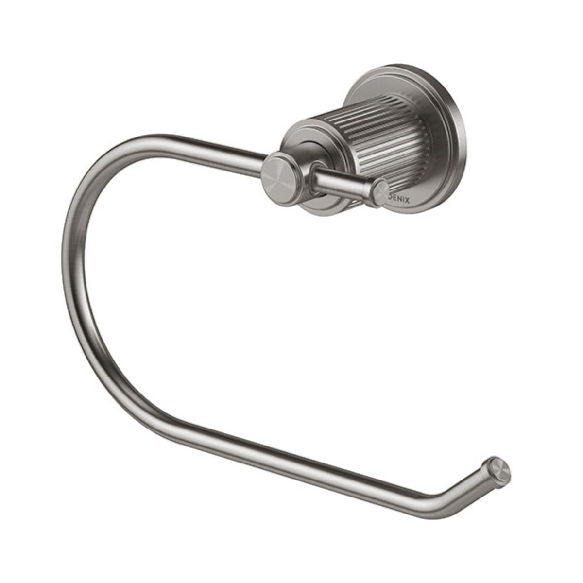Phoenix Wiltern toilet roll holder in brushed carbon, wall-mounted with fluted round backplate and curved arm