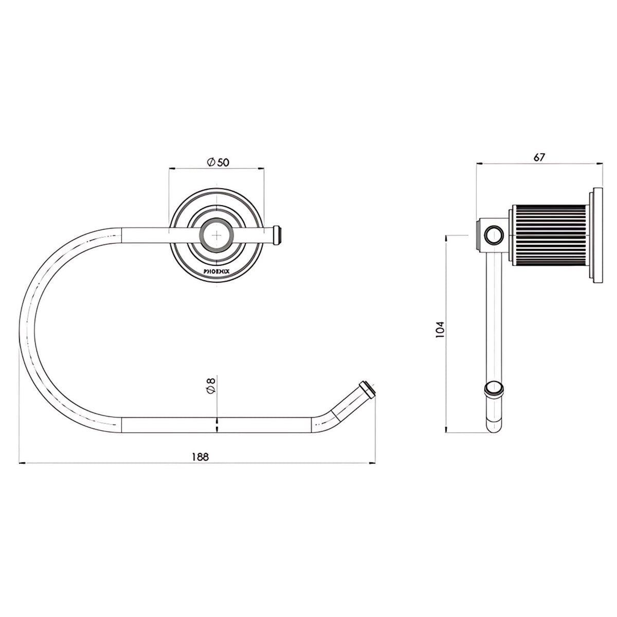 Phoenix Wiltern toilet roll holder technical drawing, brushed carbon, with dimensions and side view