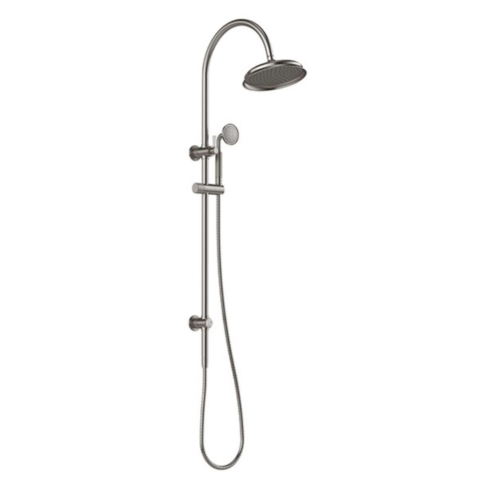 Phoenix Wiltern twin shower in brushed carbon, with overhead rose and handpiece on rail, shown on white background