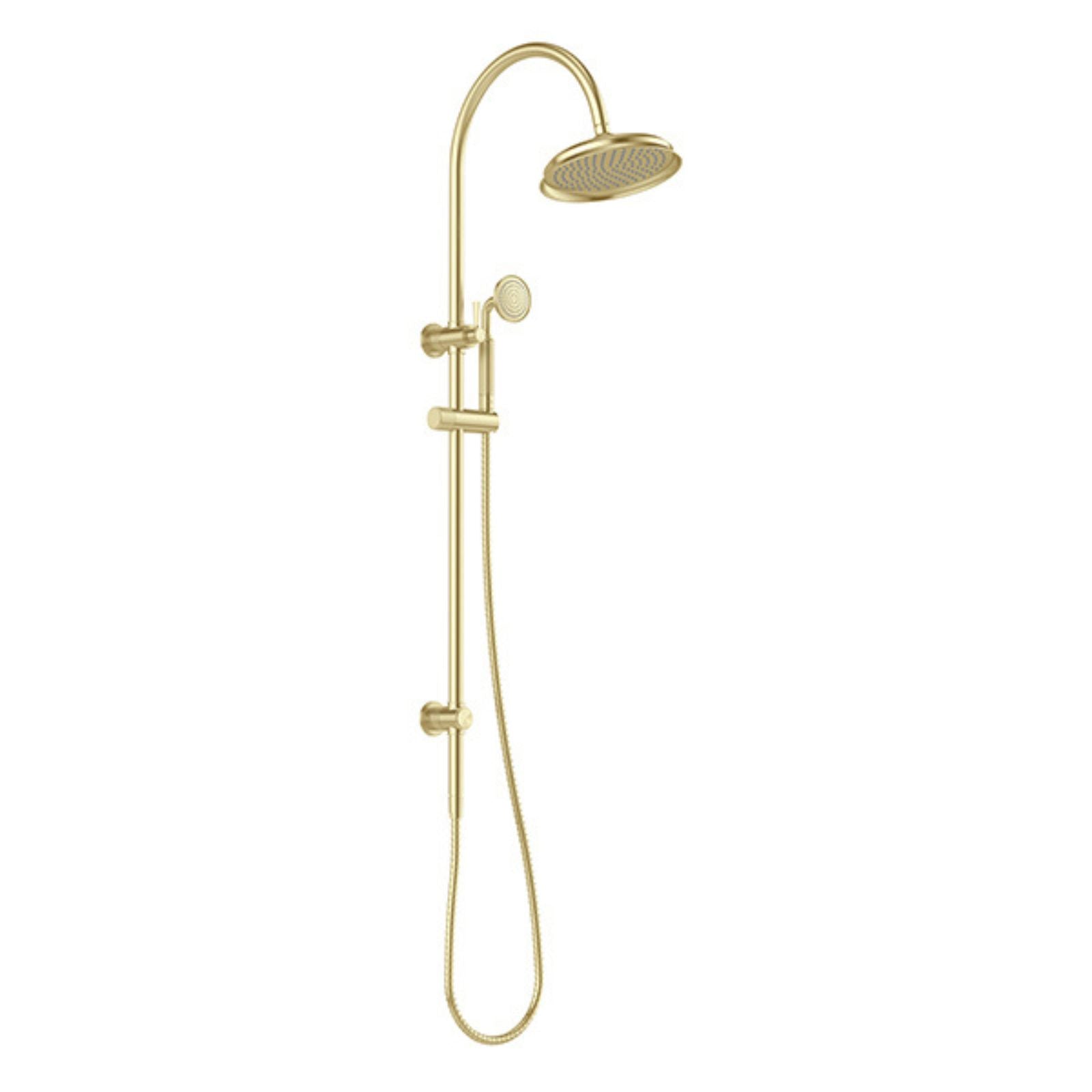 Phoenix Wiltern twin shower in brushed gold, with overhead round showerhead and handpiece on rail, front view