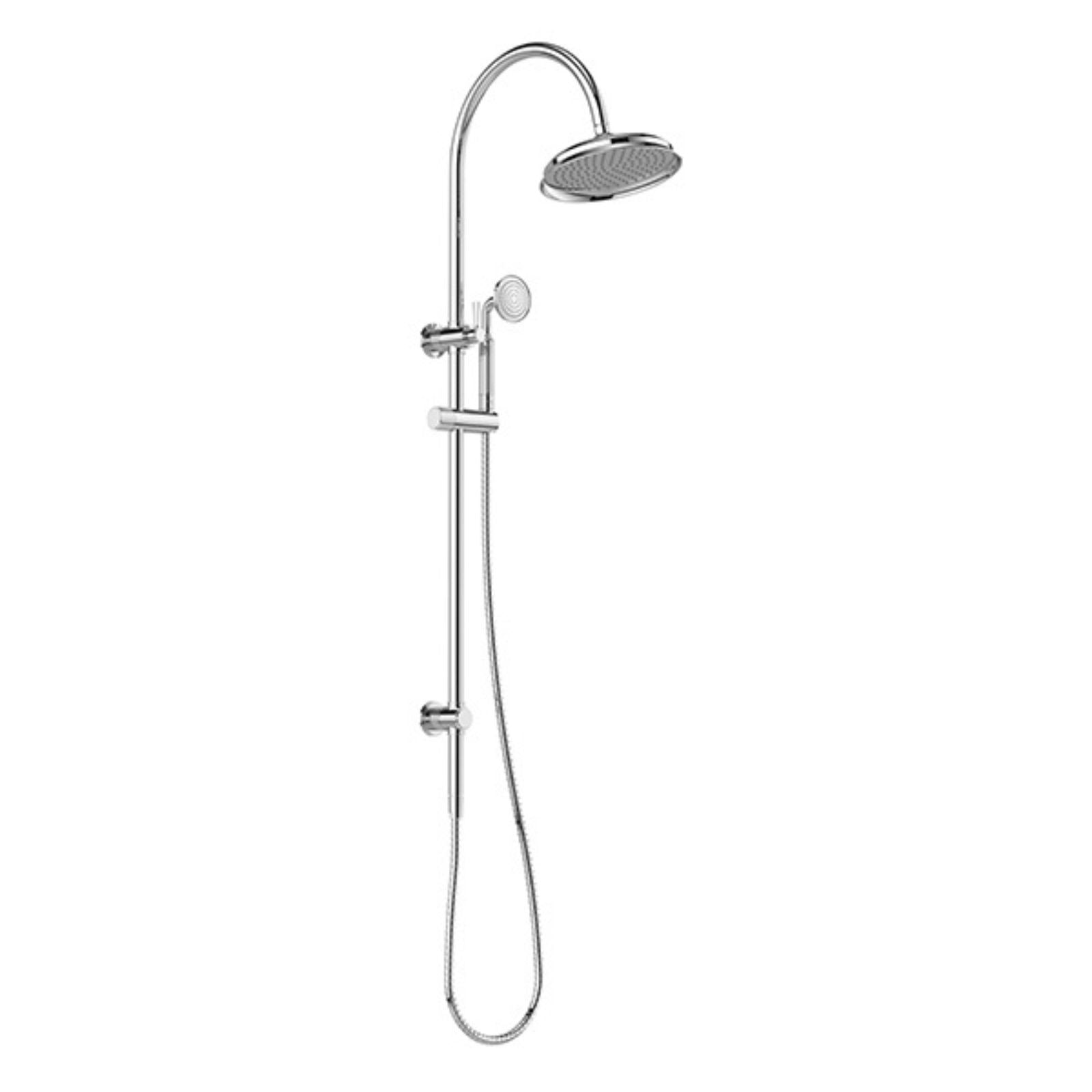 Phoenix Wiltern twin shower rail in chrome, with overhead round shower rose and handheld on white background