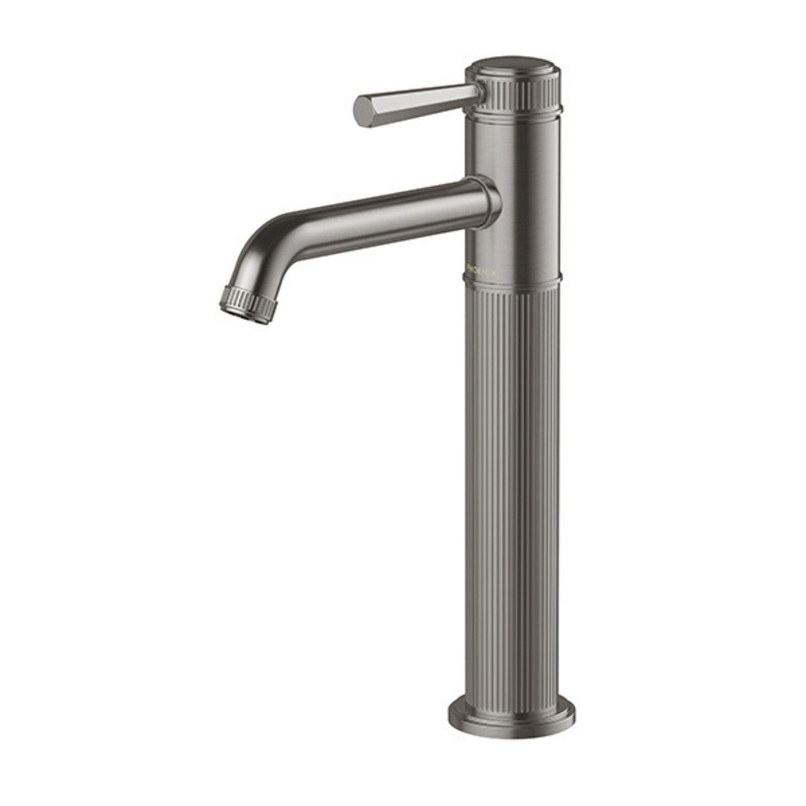 Phoenix Wiltern vessel mixer in brushed carbon, tall fluted basin tap with faceted lever on white background