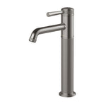 Phoenix Wiltern vessel mixer in brushed carbon, tall fluted basin tap with faceted lever on white background