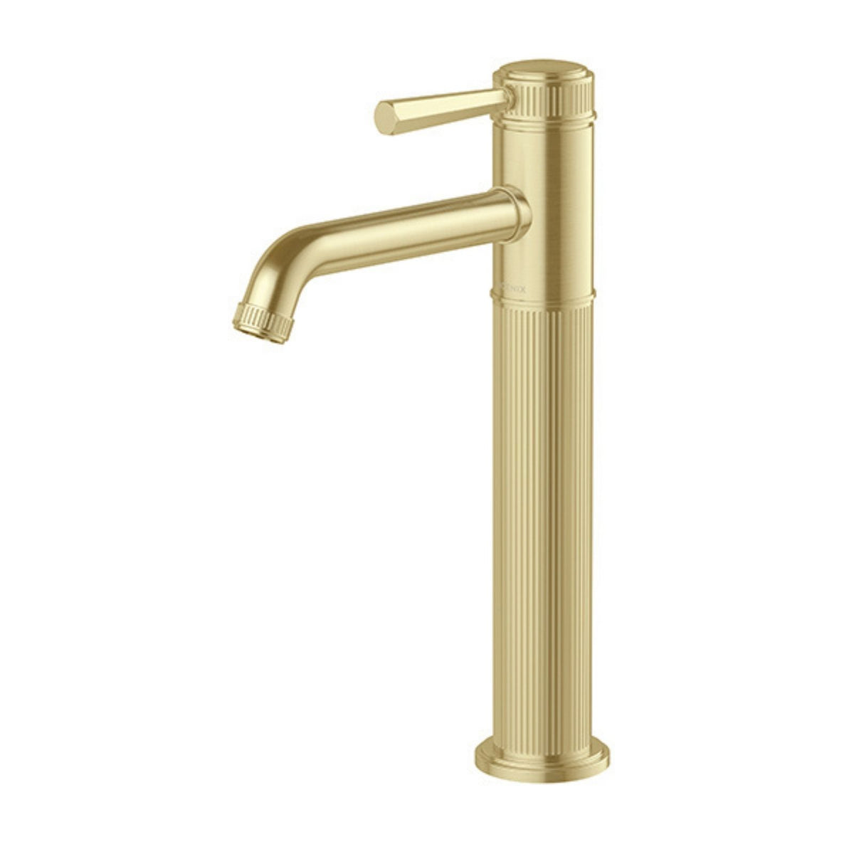 Phoenix Wiltern vessel mixer in brushed gold, tall fluted basin tap with curved spout and lever handle on white background