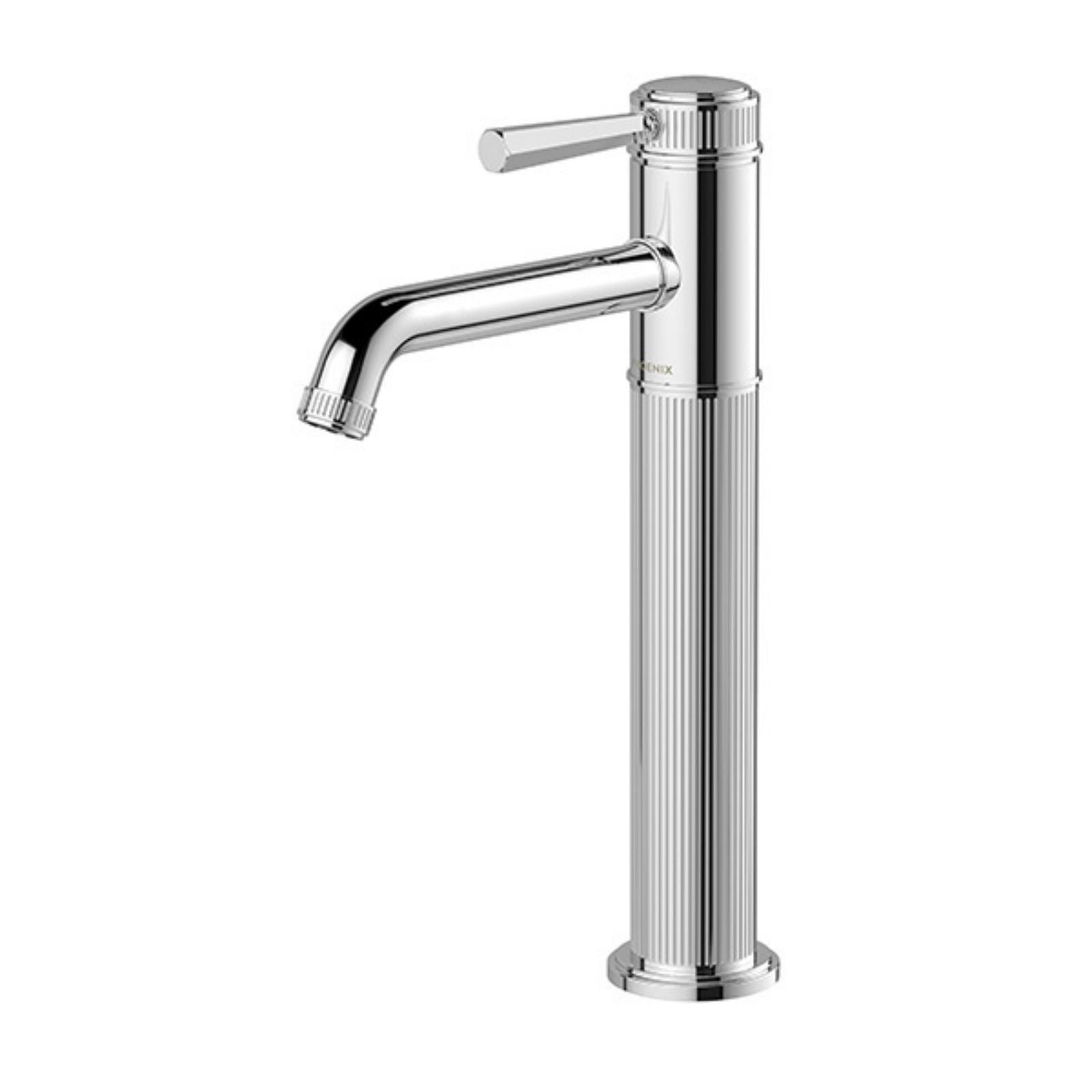 Phoenix Wiltern vessel mixer in chrome, tall fluted tap with faceted handle, shown front on white background