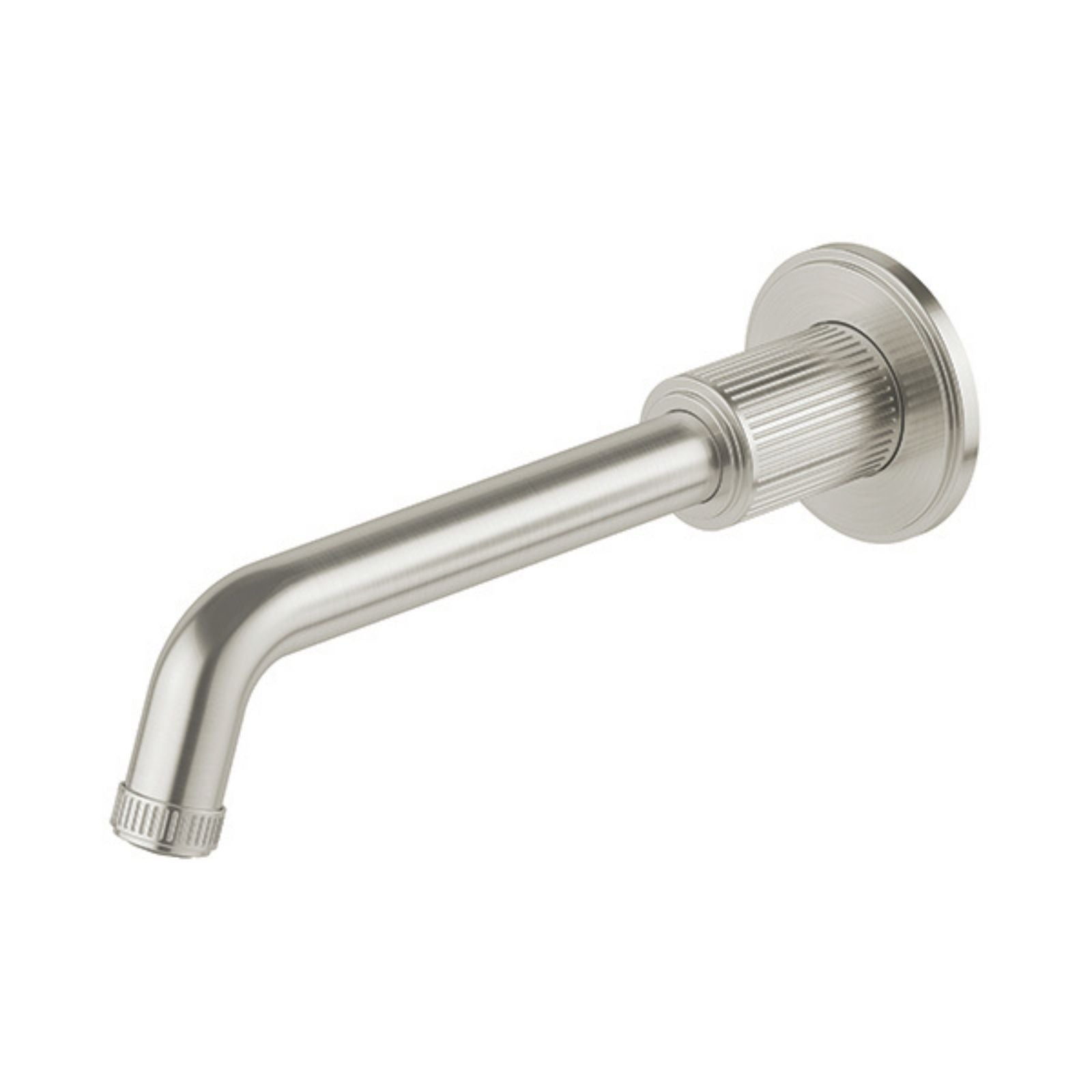 Phoenix Wiltern wall basin/bath outlet in brushed nickel, fluted round wall plate and curved spout