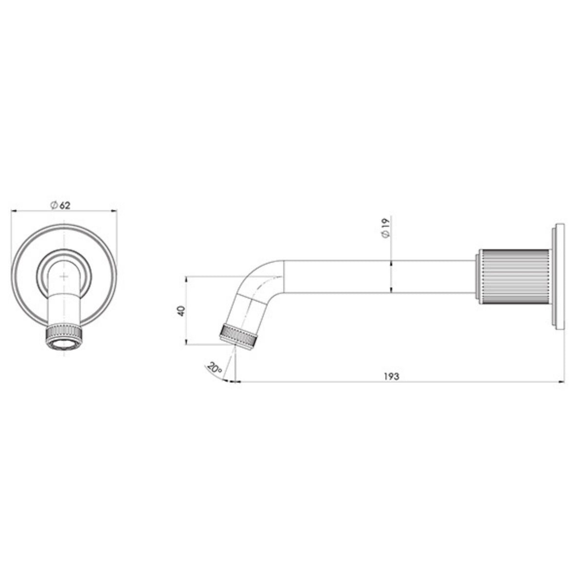 Phoenix Wiltern wall basin/bath outlet technical drawing, brushed nickel, 190mm reach, wall-mounted spout with round plate and dimensions