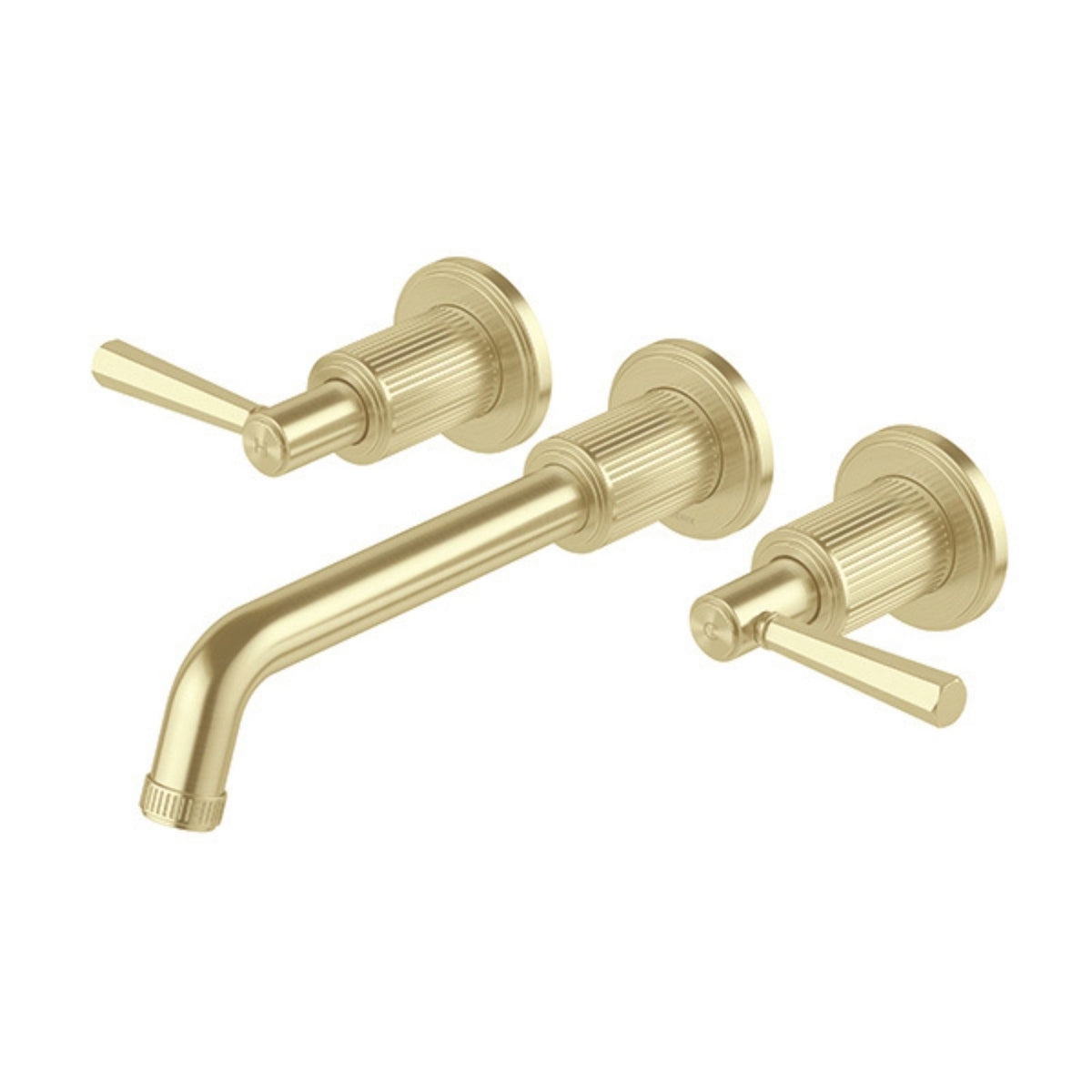 Phoenix Wiltern wall basin/bath tap set in brushed gold, with fluted handles and curved spout on white background