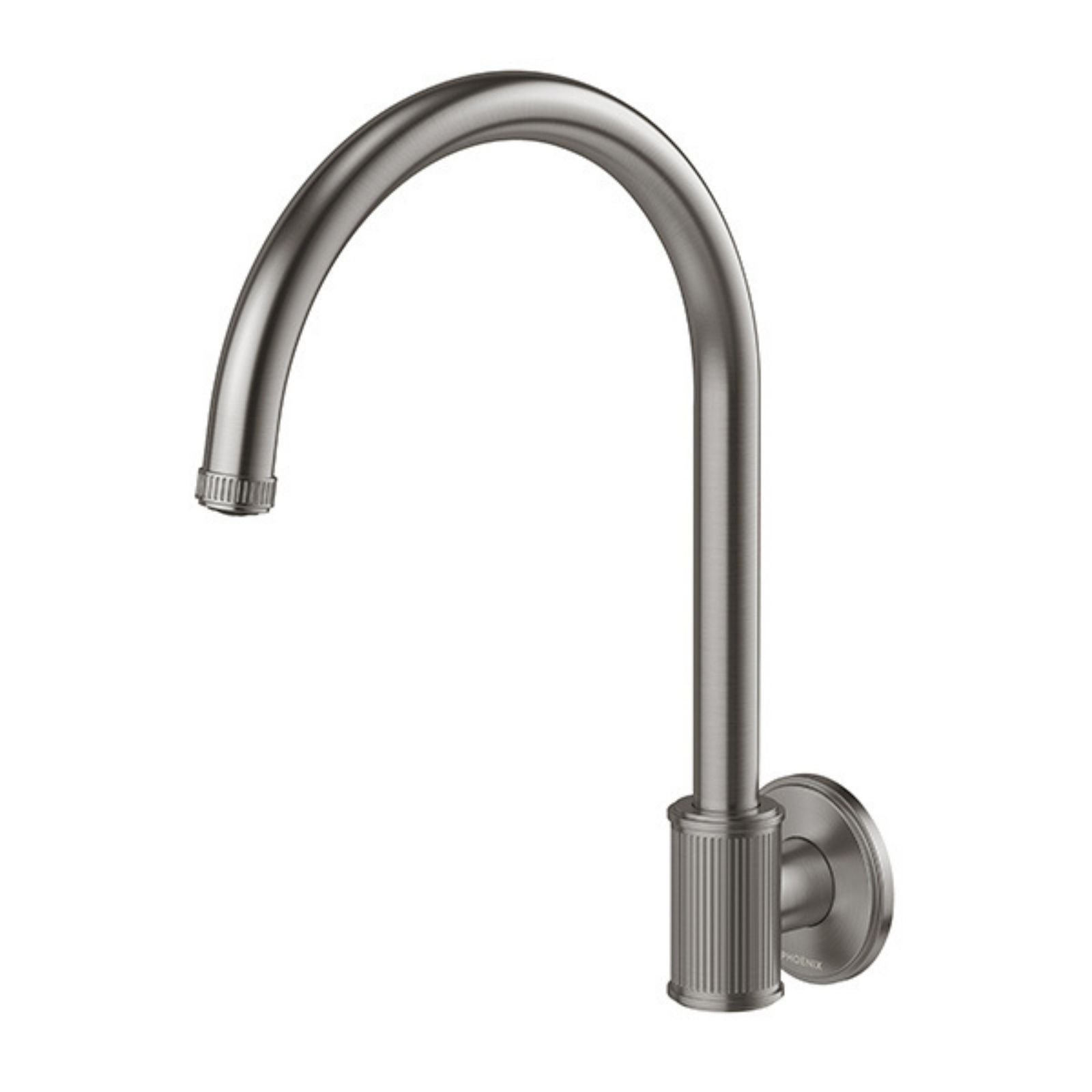 Phoenix Wiltern wall sink outlet in brushed carbon, 180mm swivel spout with fluted detail and round wall plate.