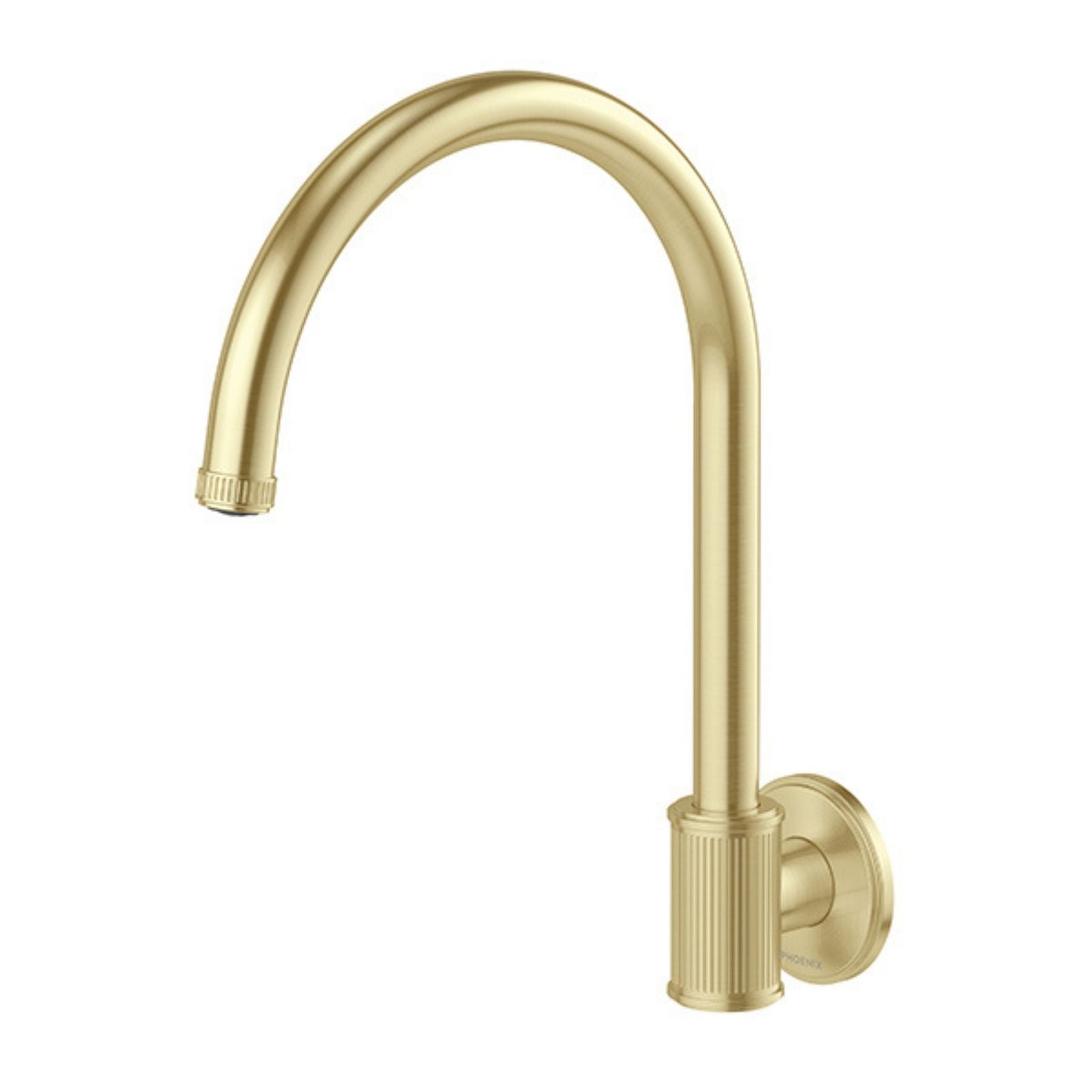 Phoenix Wiltern wall sink outlet in brushed gold, wall-mounted swivel spout with fluted detail and round plate during front view