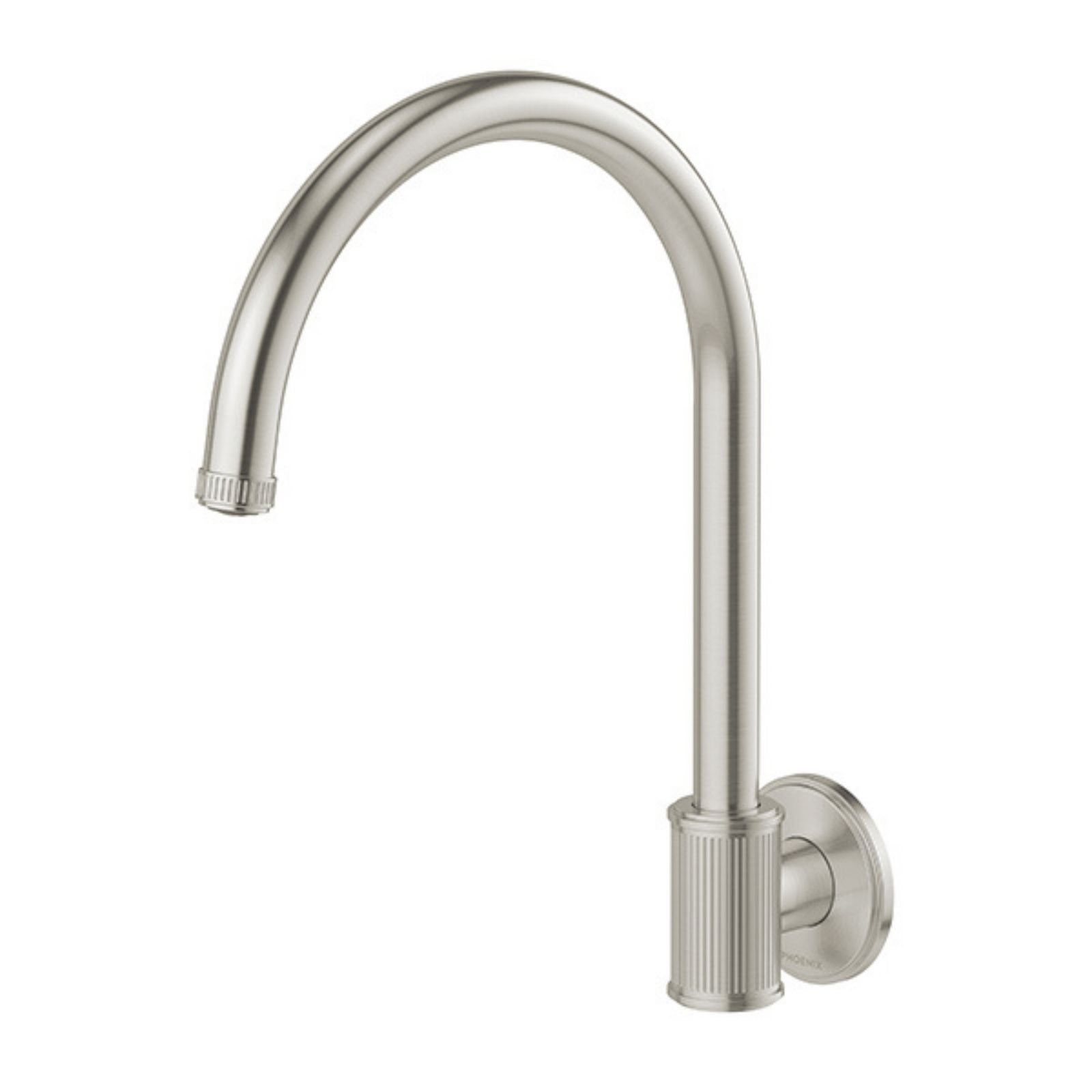 Phoenix Wiltern wall sink outlet in brushed nickel, wall-mounted with curved swivel spout and fluted base details