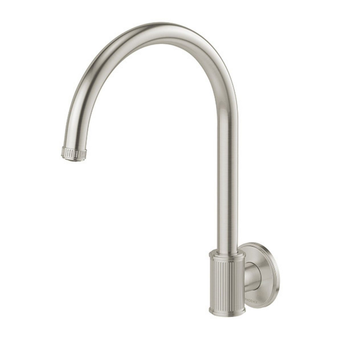 Phoenix Wiltern wall sink outlet in brushed nickel, wall-mounted with curved swivel spout and fluted base details