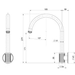 Phoenix Wiltern wall sink outlet technical drawing in brushed nickel, showing 180mm swivel spout and wall-mounted plate.