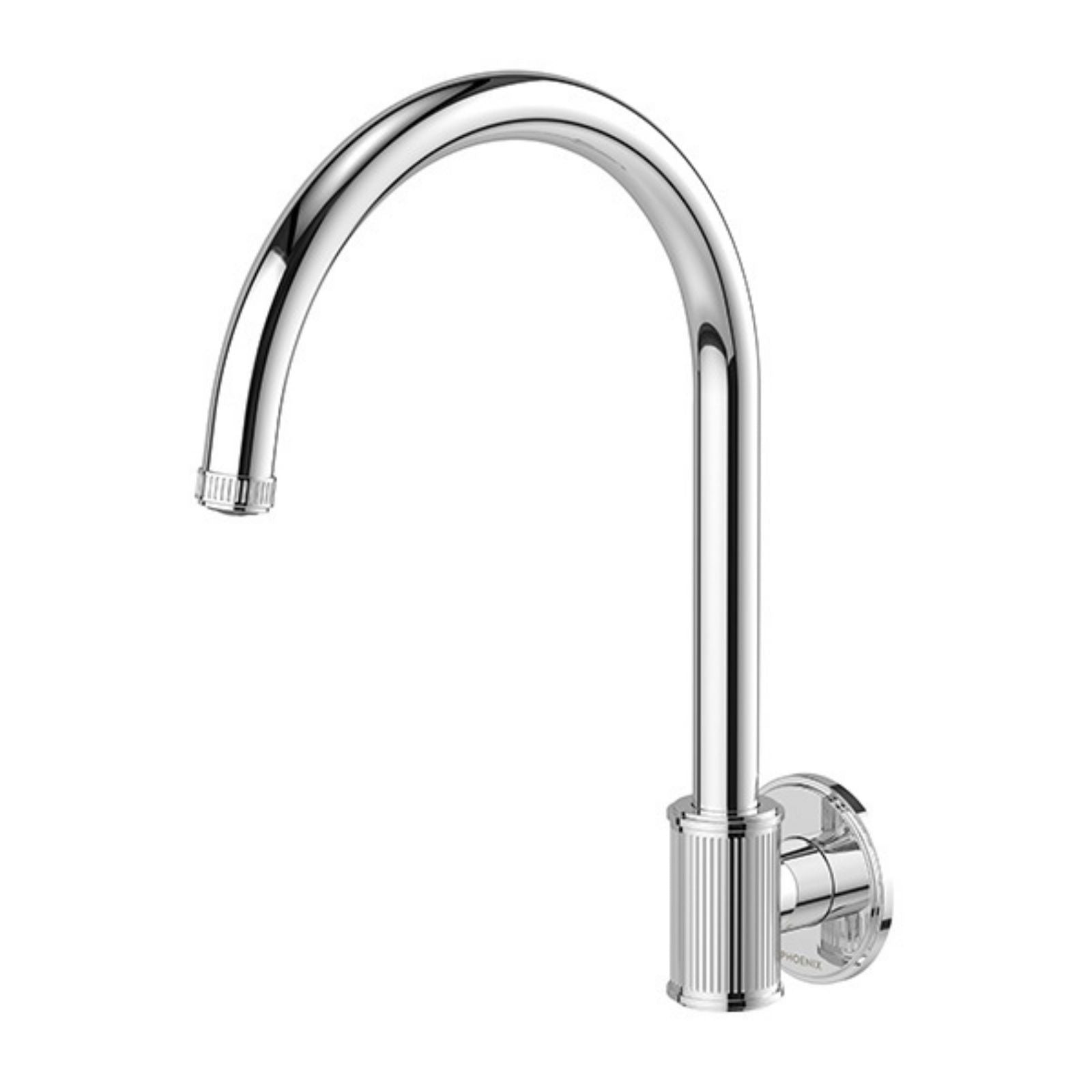Phoenix Wiltern wall sink outlet in chrome, swivel spout with fluted detail and round wall plate