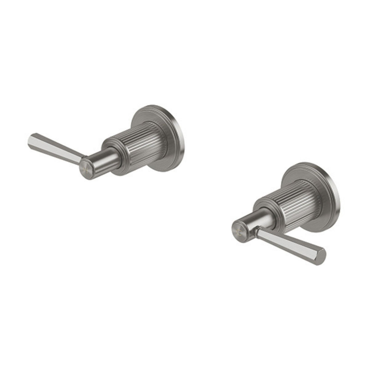 Phoenix Wiltern wall top assemblies in brushed carbon, pair of wall-mounted tap handles with fluted round plates and lever handles