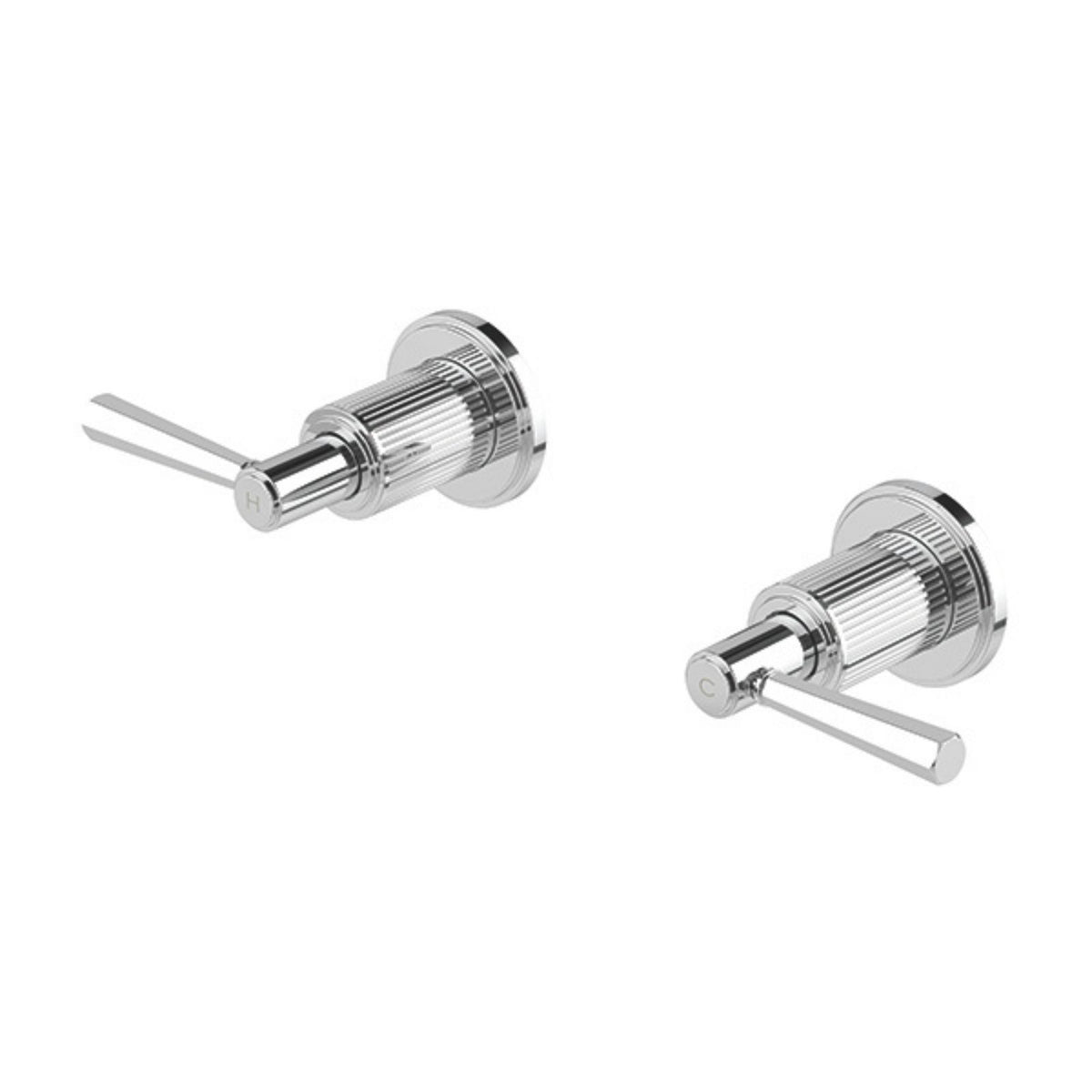 Phoenix Wiltern chrome wall top assemblies, pair of fluted wall taps with slim lever handles on round plates