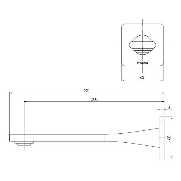 Phoenix Teel wall bath outlet technical drawing in matte black, 200mm fixed spout with 60mm square backplate.
