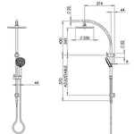 Phoenix Vivid twin shower technical drawing in chrome, showing overhead drencher and handpiece with adjustable rail dimensions