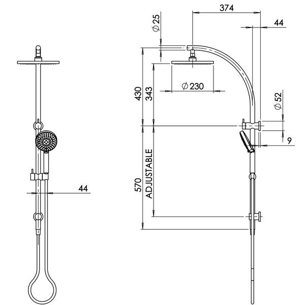 Phoenix Vivid twin shower technical drawing in chrome, showing overhead drencher and handpiece with adjustable rail dimensions
