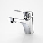 Dorf Kip basin mixer in polished chrome, with a minimalist curved spout and single lever on a white background