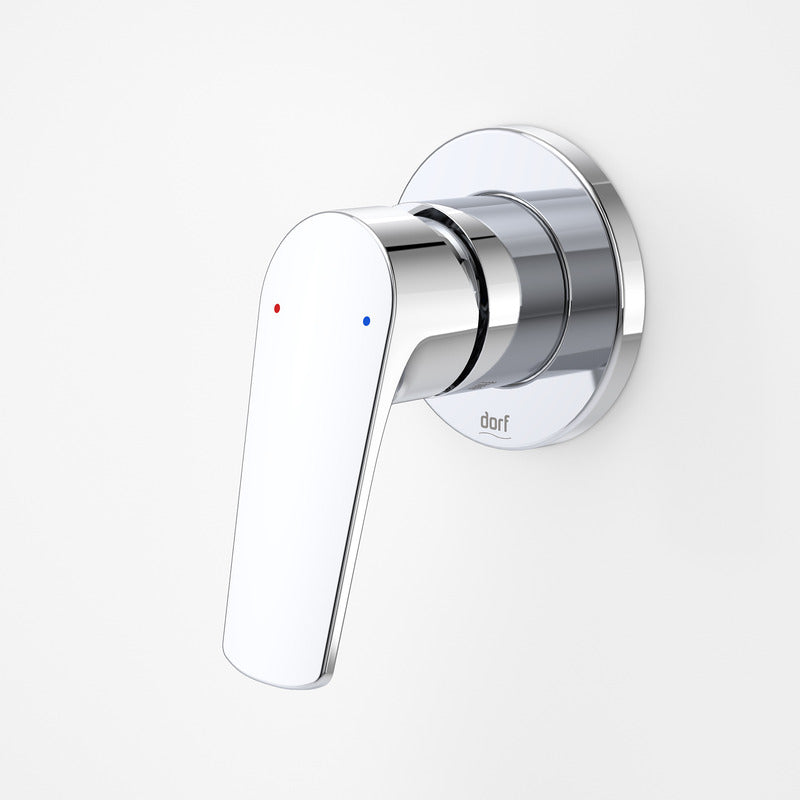 Dorf Kip wall-mounted bath/shower mixer in polished chrome, single lever tap with round backplate and red-blue temperature dots