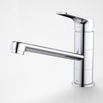 Dorf Kip chrome sink mixer with swivel spout, polished chrome finish, side view on white background