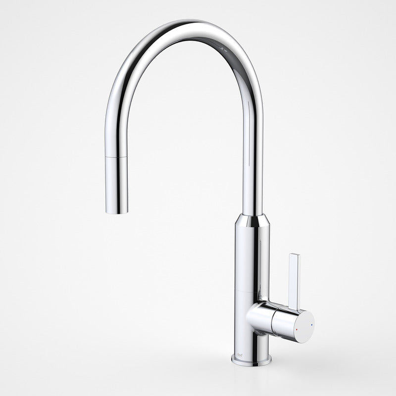 Dorf Vixen lead free pull-out sink mixer in polished chrome, with high arched swivel spout and single lever handle on white background