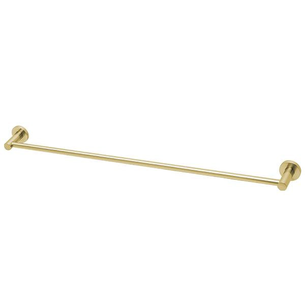 Phoenix Radii single towel rail in brushed gold with round wall plates, shown on a white background
