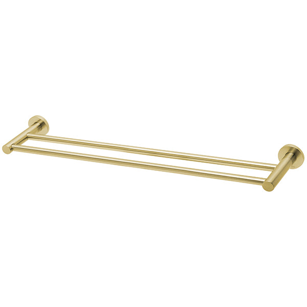Phoenix Radii double towel rail in brushed gold with round wall plates, shown on a white background