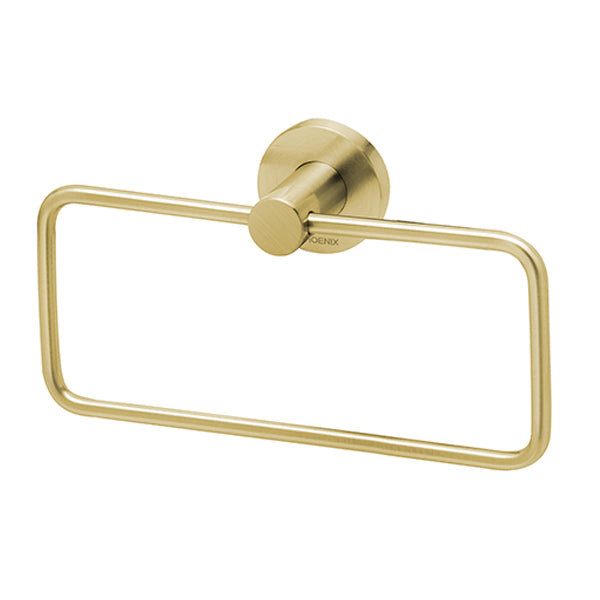 Phoenix Radii brushed gold hand towel holder with round wall plate, wall-mounted bathroom accessory on white background