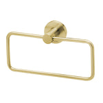 Phoenix Radii brushed gold hand towel holder with round wall plate, wall-mounted bathroom accessory on white background