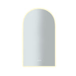 Radiant Ark frameless LED arch mirror with warm backlit glow and touch controls, portrait view on white background