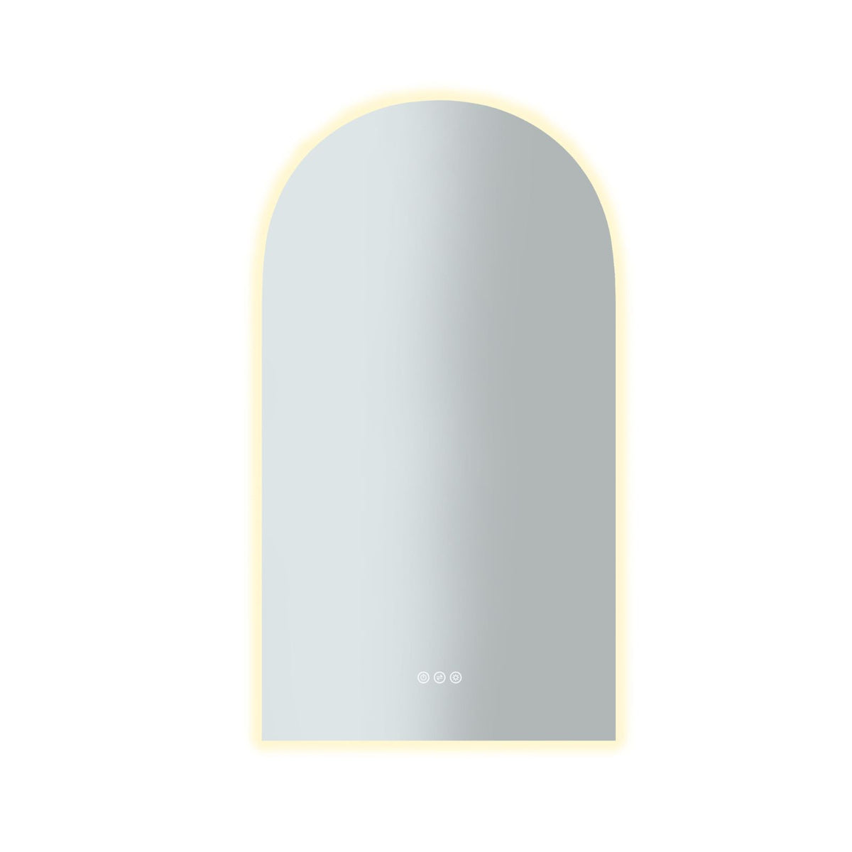Radiant Ark frameless LED arch mirror with warm backlit glow and touch controls, portrait view on white background