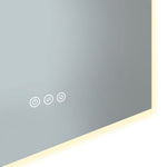 Close-up of Radiant frameless LED mirror with touch controls and lit edge, showing power, brightness and light settings