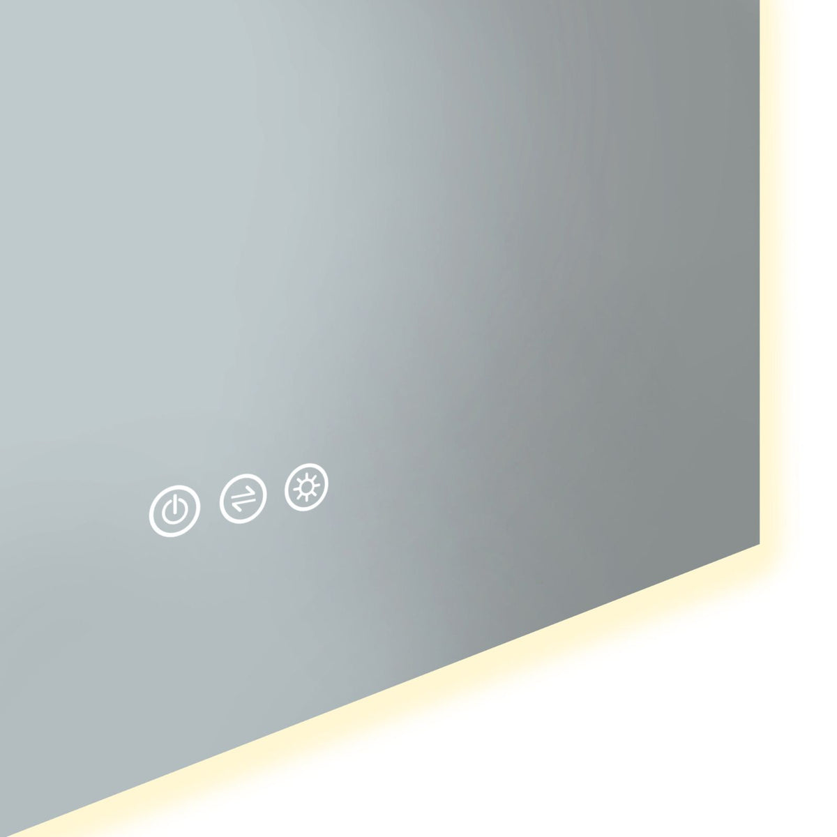 Close-up of Radiant frameless LED mirror with touch controls and lit edge, showing power, brightness and light settings