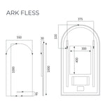 Radiant Ark frameless arch LED mirror technical drawing, showing 1000mm height, 550mm width and 30mm depth in portrait view