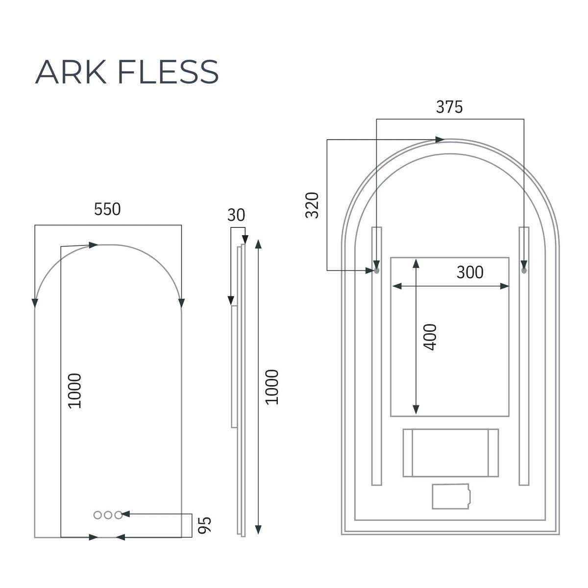 Radiant Ark frameless arch LED mirror technical drawing, showing 1000mm height, 550mm width and 30mm depth in portrait view